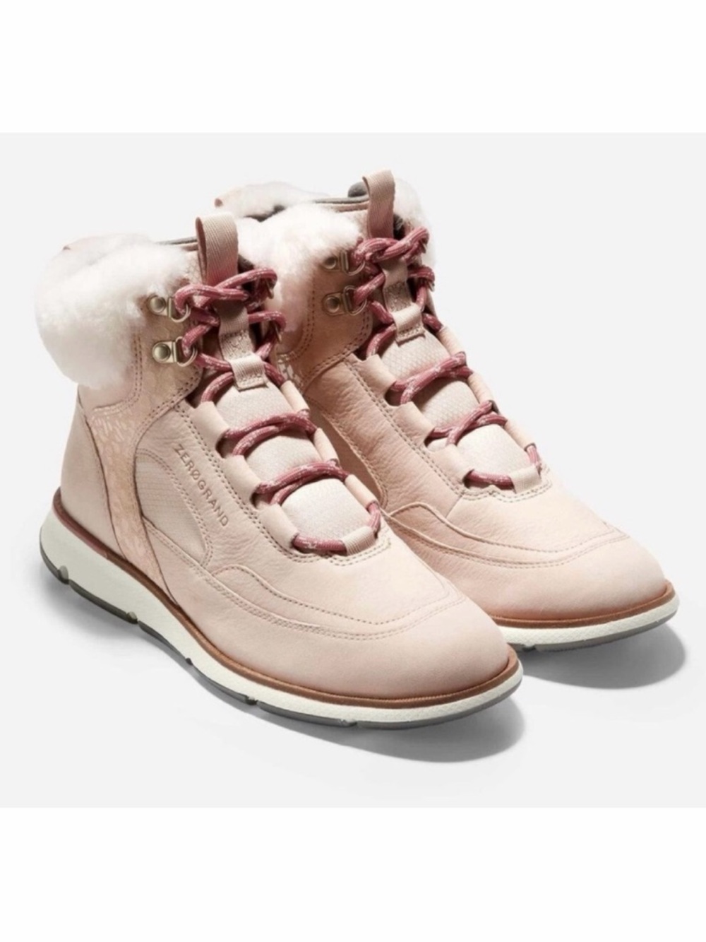COLE HAAN • Beige/Cream Leather Zerogrand Fur Trim Winter Hiking Ankle Boots, 7